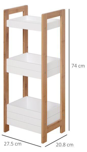 HOMCOM Mobiletto Bagno Multiuso Scaffale a 3 Ripiani Compatto in Legno MDF e Bambù, Bianco, 27.5x20.8x74cm|Aosom