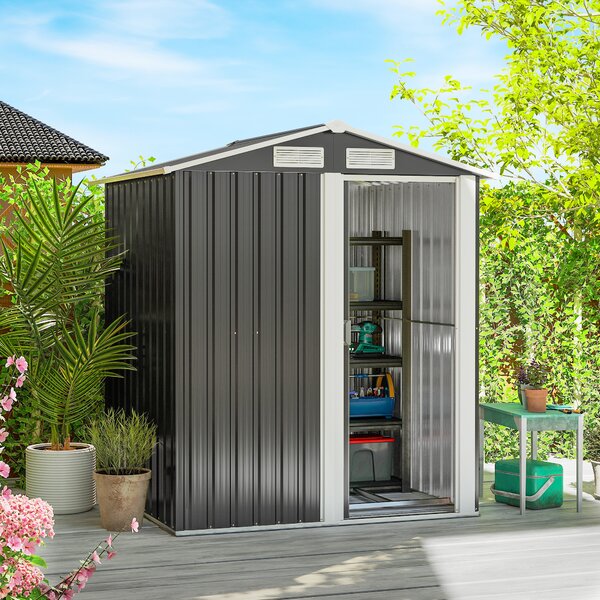 Outsunny Casetta da Giardino con Tetto Inclinato e 4 Prese d'Aria, Capanno porta Attrezzi in Acciaio, 152 x 132 x 188 cm, Grigio | Aosom Italy