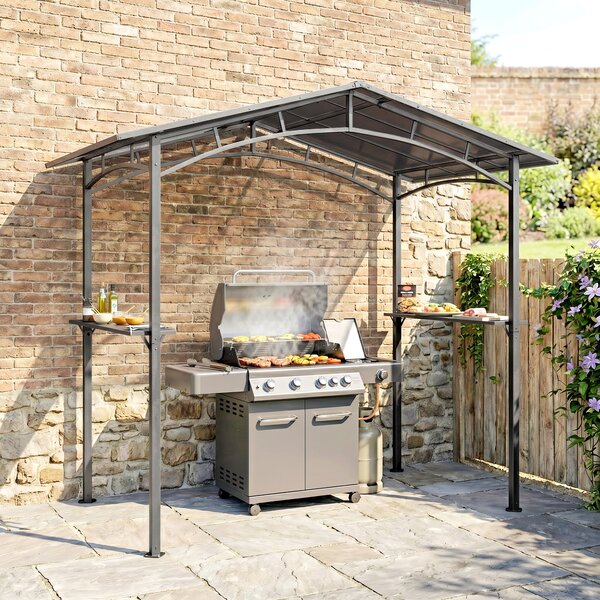 Outsunny Gazebo da Giardino per Barbecue BBQ con Tetto in PC e Mensole Laterali, Struttura in Alluminio e Metallo, 246x149x230cm, Nero|Aosom