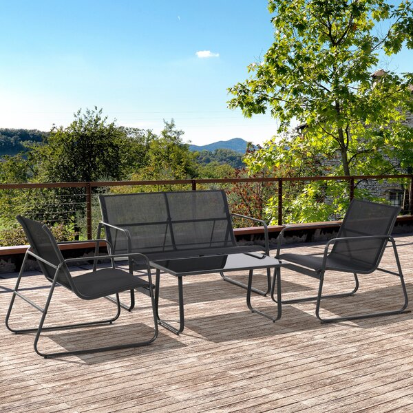 Outsunny Set da Giardino da 4 Pezzi con Tavolino,Panchina e 2 Sedie, Arredamento in Metallo e Texteline, Nero | Aosom Italy