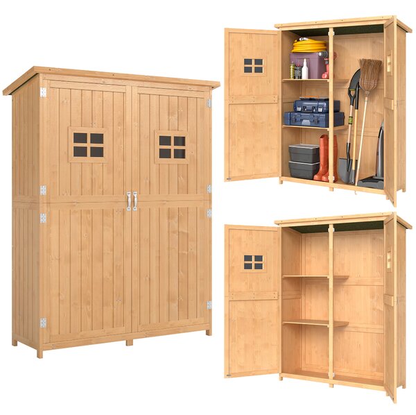 Outsunny Capanno Attrezzi Legno con Porta Doppia, Casetta da Giardino con Mensole e Finestre, 127.5x50x164 cm, Naturale | Aosom Italy