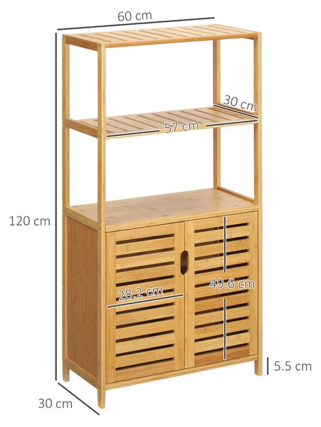 Kleankin Mobiletto Bagno Moderno con 2 Ripiani Aperti e Armadietto a 2 Ante in Bambù e a doghe, 60x30x120 cm, Naturale | Aosom Italy