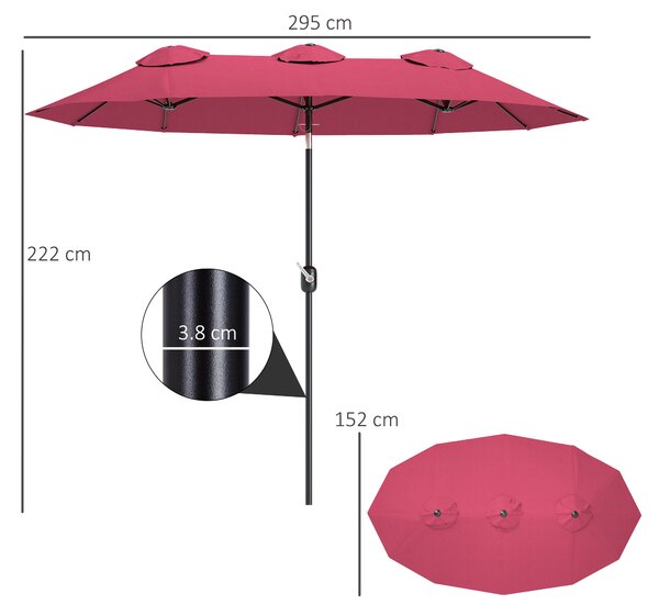 Outsunny Ombrellone da Giardino Doppio Inclinabile con Apertura a Manovella, Copertura con Prese d'Aria e 12 Stecche, 285x147x227cm, Rosso|Aosom