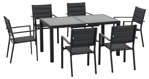 Outsunny Set da Giardino con Tavolo Allungabile in Vetro e 6 Sedie, schienale alto e Seduta Traspirante, Grigio Scuro | Aosom Italy