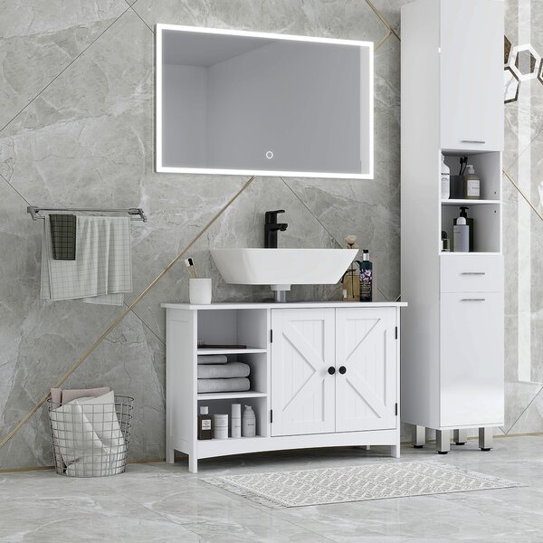 Kleankin Mobile Sotto Lavabo Bagno con Armadietto a 2 Ante e 3 Ripiani Aperti in Legno, 90x30x60cm, Bianco