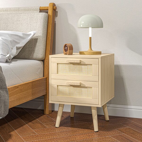 HOMCOM Comodino per Camera da Letto con 2 Cassetti in Stile Boho, 40x40x56cm, Colore Legno Naturale|Aosom