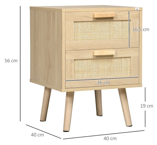 HOMCOM Comodino per Camera da Letto con 2 Cassetti in Stile Boho, 40x40x56cm, Colore Legno Naturale|Aosom