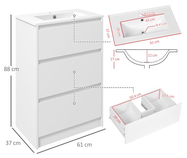 Kleankin Mobiletto Bagno a 2 Cassetti in Truciolato con Lavabo in Ceramica Sintetica, 61x37x88 cm, Bianco