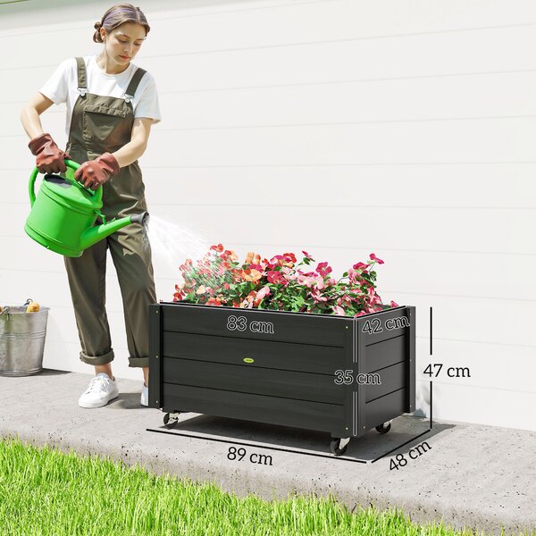 Outsunny Fioriera da Giardino con Foro di Drenaggio e Rotelle, in Legno di Abete, 89x48x47 cm, Nera|Aosom