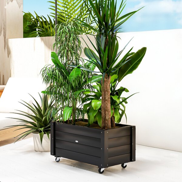 Outsunny Fioriera da Giardino con Foro di Drenaggio e Rotelle, in Legno di Abete, 89x48x47 cm, Nera|Aosom
