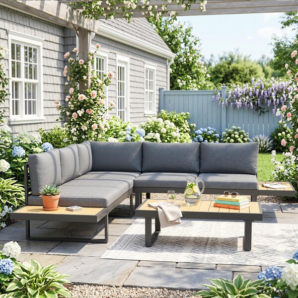 Outsunny Set da Giardino 4 Pezzi in Alluminio con 2 Divanetti, Poltrona Angolare e Tavolino da Caffè, Grigio e Teak|Aosom