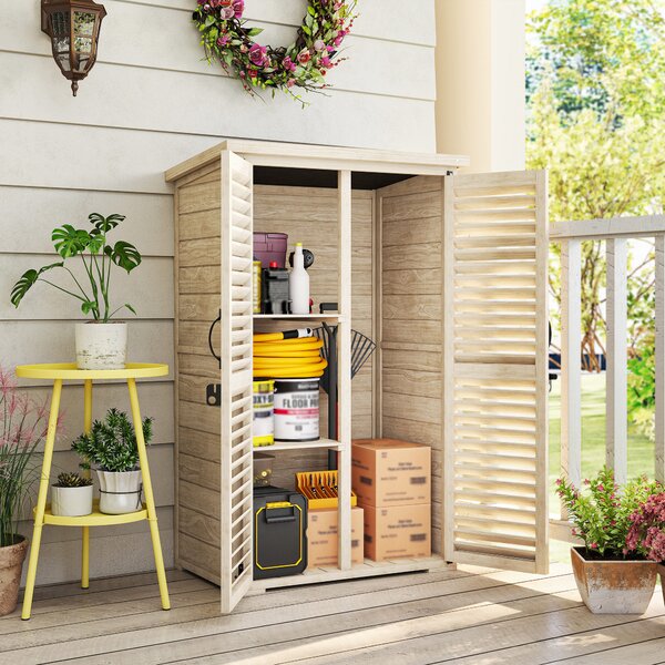 Outsunny Armadio Portaoggetti a 2 Ripiani con Picchetti da Esterno, in Legno di Abete, 75x50x111/118 cm, Legno naturale | Asosm Italy