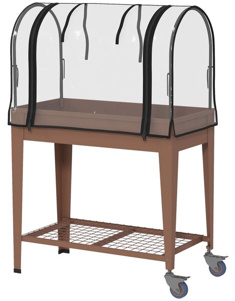 Outsunny Fioriera Rialzata con Mini Serra per Piante, Ruote e Ripiano, 80x40x120cm, Marrone|Aosom