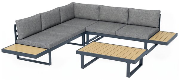 Outsunny Set da Giardino 4 Pezzi in Alluminio con 2 Divanetti, Poltrona Angolare e Tavolino da Caffè, Grigio e Teak|Aosom