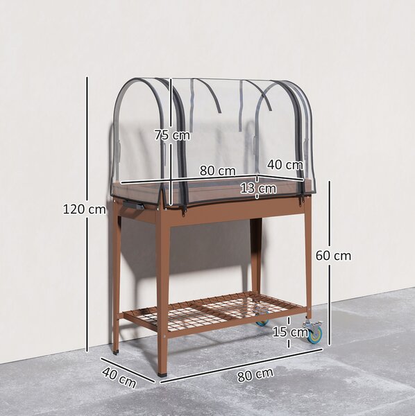 Outsunny Fioriera Rialzata con Mini Serra per Piante, Ruote e Ripiano, 80x40x120cm, Marrone|Aosom