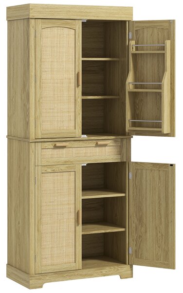 HOMCOM Credenza Cucina Stile Boho con 2 Armadietti, Cassetto e Portaspezie in Legno e Rattan, 76x40x183cm, Rovere