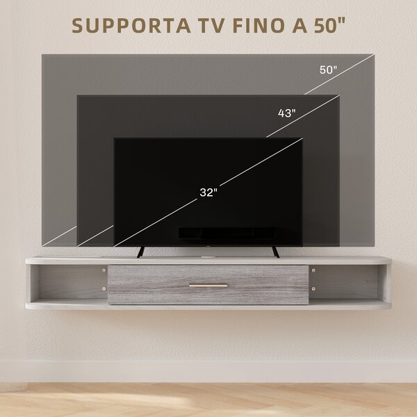 HOMCOM Mobile TV Sospeso in Legno con 2 Ripiani Aperti e Armadietto, 120x26x16 cm, Bianco e Grigio