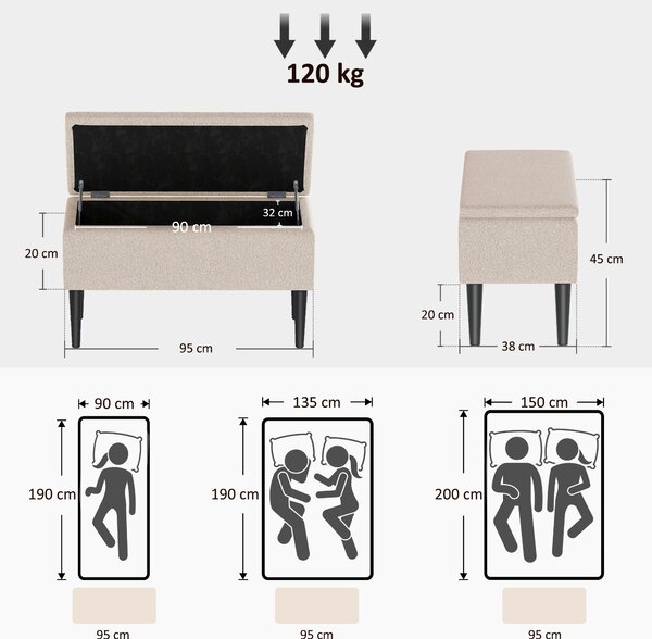HOMCOM Panca Fondoletto con Vano Contenitore da 47L e Rivestimento Bouclé, 95x38x45 cm, Beige|Aosom
