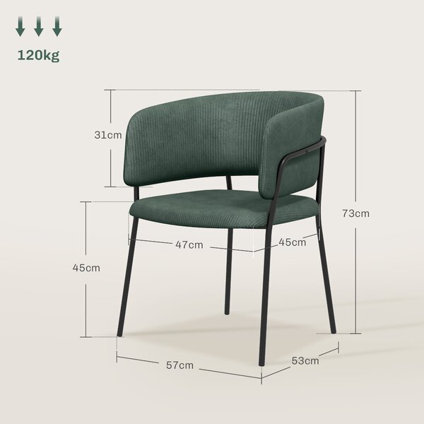 HOMCOM Set 2 Sedie da Cucina Imbottite, in Tessuto Effetto Velluto e Acciaio, Sedie per Sala da Pranzo, 57x53x73 cm, Verde | Aosom Italy