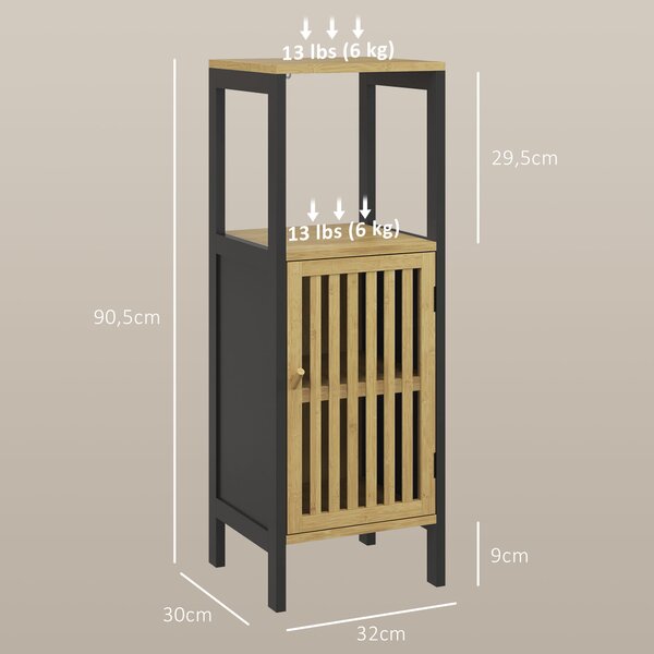 HOMCOM Mobiletto Bagno con Ripiano Aperto e Armadietto, in MDF e Bambù, 32x30x90.5 cm, Nero e color Legno|Aosom