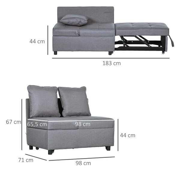HOMCOM Poltrona Letto 3 in 1 con Schienale Reclinabile, in Tessuto Effetto Lino e Legno, 98x69x65 cm, Grigio Scuro | Aosom Italy