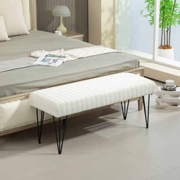 HOMCOM Panca Fondoletto Moderna con Gambe a Forcina, in Tessuto Effetto Ciniglia, Legno e Metallo, 118.5x46x49.5 cm, Crema