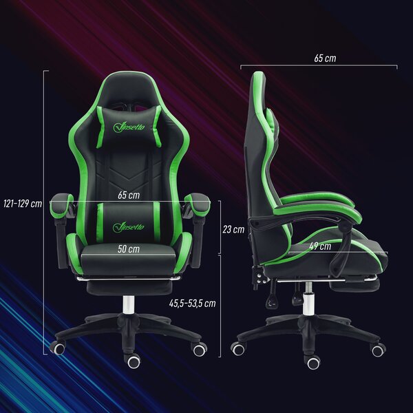 Vinsetto Sedia da Gaming con Altezza Regolabile e Schienale Reclinabile, 65x65x121-129 cm, Nero e Verde