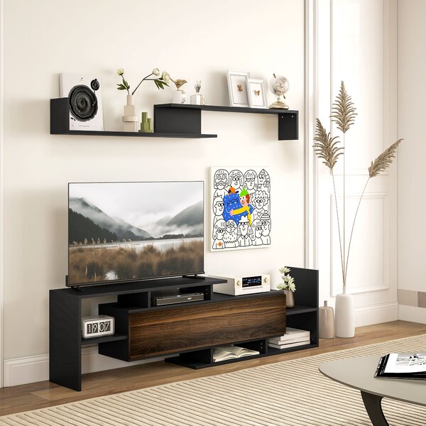 HOMCOM Mobile Porta TV Moderno con Mensola a Muro e Ripiani Aperti Armadietto in Legno, Nero e Marrone | Aosom Italy