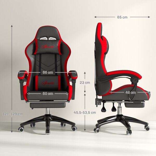 Vinsetto Sedia da Gaming con Altezza Regolabile e Schienale Reclinabile, 65x65x121-129 cm, Nero e Rosso