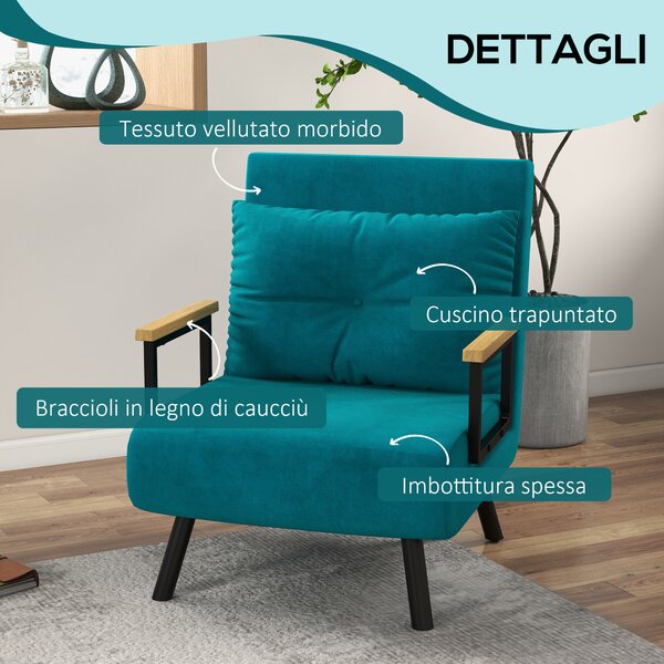 HOMCOM Poltrona Letto Singolo in Tessuto Effetto Velluto Reclinabile in 5 Posizioni con Cuscino Sfoderabile, 63x73x81cm, Blu Scuro | Aosom Italy