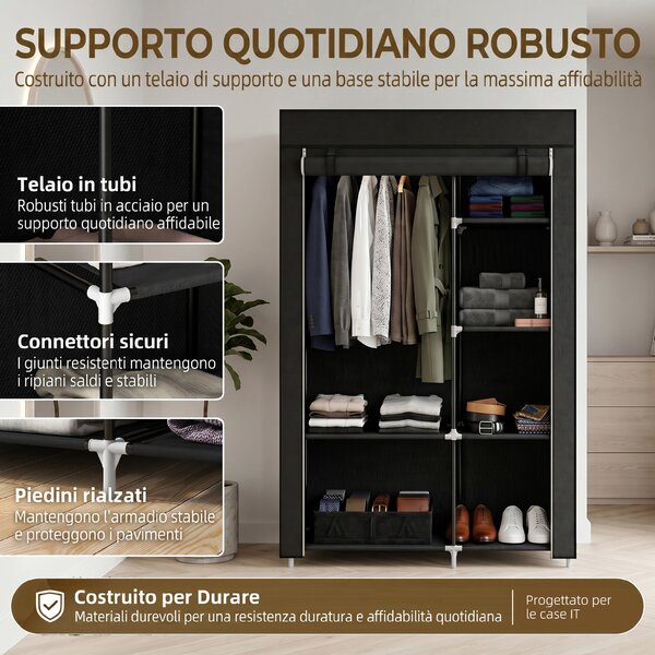 HOMCOM Armadio Guardaroba Portatile in Tessuto con 6 Ripiani Aperti e un Appendino, 103x43x162.5 cm, Nero