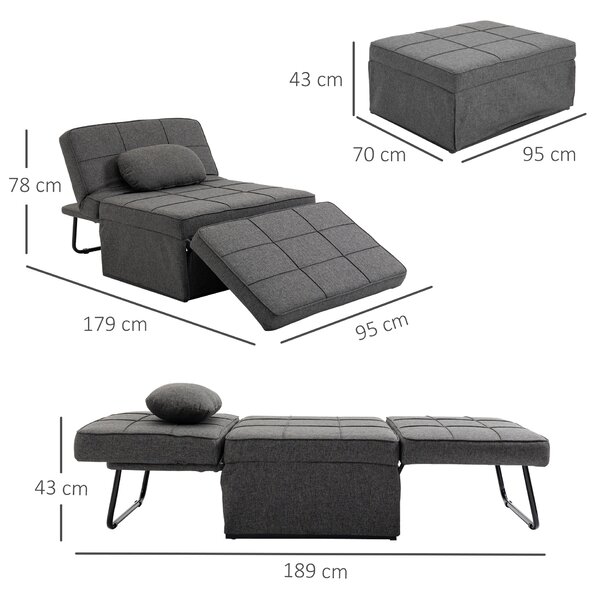 HOMCOM Poltrona Letto 4 in 1 con Schienale Regolabile in 5 posizioni, Cuscino e Imbottitura spessa, poggiapiedi ribaltabile, Grigio | Aosom Italy