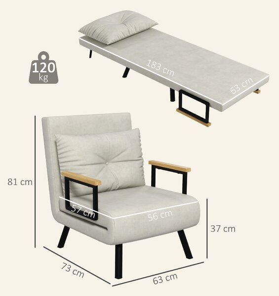 HOMCOM Poltrona Letto Singolo in Tessuto Effetto Velluto Reclinabile in 5 Posizioni con Cuscino Sfoderabile, 63x73x81cm, Crema | Aosom Italy