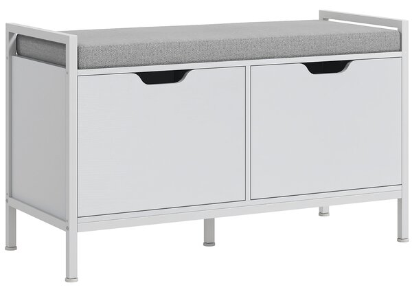 HOMCOM Panca Scarpiera a 2 Armadietti con Cuscino, in Tessuto Effetto Lino, Legno e Acciaio, 84x35x50 cm, Bianco