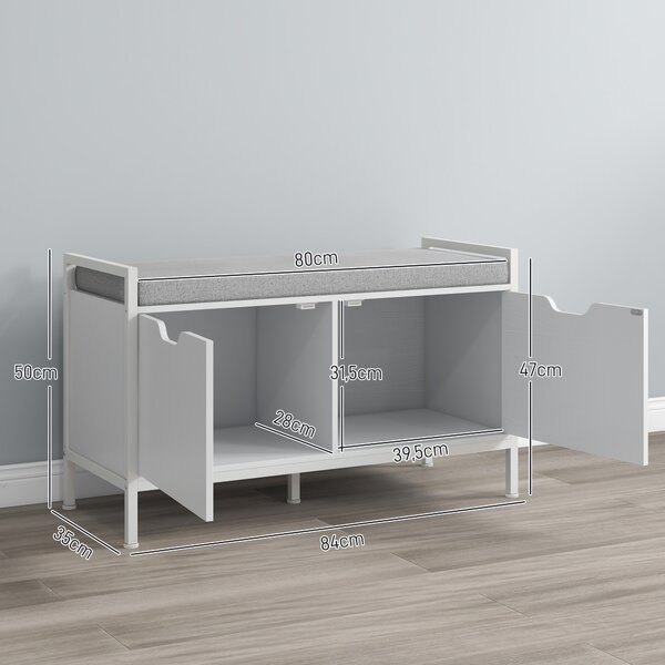 HOMCOM Panca Scarpiera a 2 Armadietti con Cuscino, in Tessuto Effetto Lino, Legno e Acciaio, 84x35x50 cm, Bianco