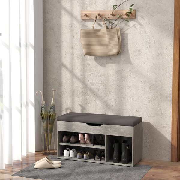 HOMCOM Scarpiera Salvaspazio Imbottita a 3 Ripiani Aperti con Spazio a Scomparsa, in Legno, 80x30x45 cm, Nero e Grigio