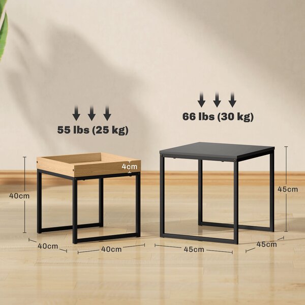 HOMCOM Set 2 Tavolini da Caffè Moderni con Gambe a U, in Legno e Acciaio, 45x45x45 cm e 40x40x40 cm, Nero