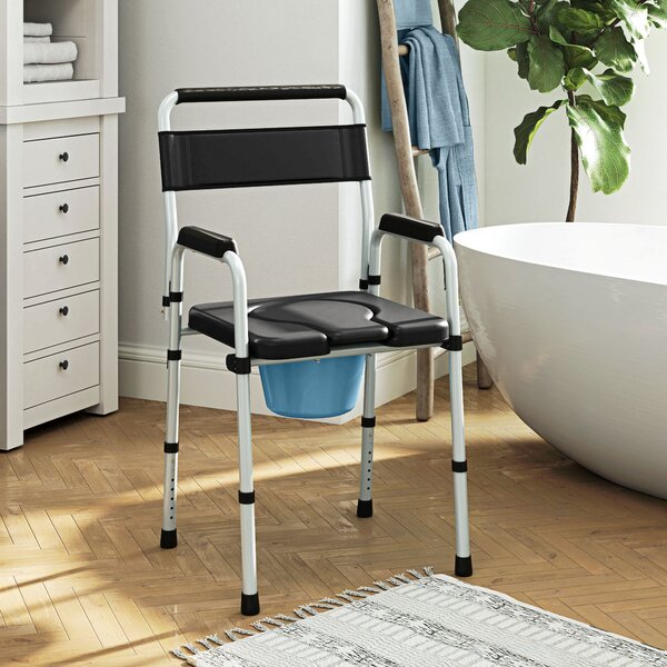 HOMCOM Sedia WC Pieghevole e Regolabile con Braccioli e Schienale, in Acciaio e Pelle PU, 52.5x46x81.5-97 cm, Nero