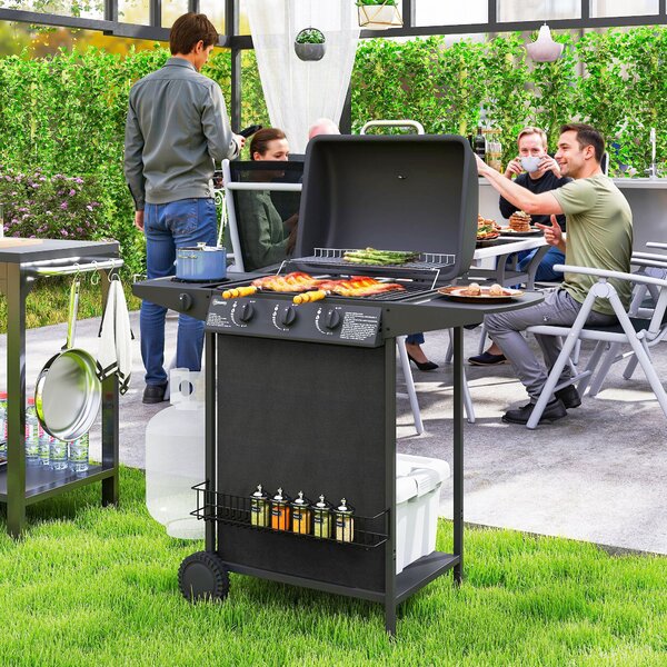 Outsunny Barbecue a Gas con 4 Bruciatori Indipendenti e Coperchio con Termometro, 108x54x97 cm, Nero