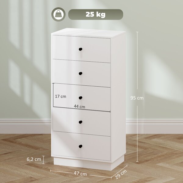 HOMCOM Cassettiera Camera da Letto Moderna e Salvaspazio, con 5 Cassetti e Dispositivo Antiribaltamento, 47x29x95 cm, Bianco | Aosom Italy