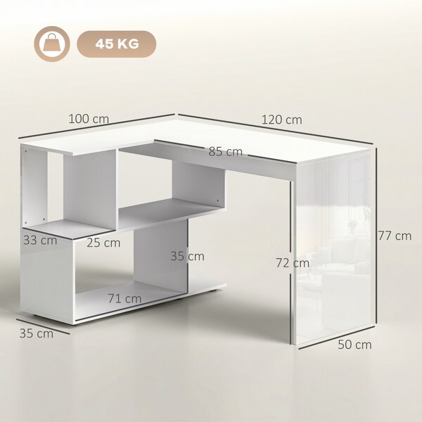 HOMCOM Scrivania Angolare Moderna per Ufficio con 4 Ripiani in Legno Bianco, 120x100x77 cm