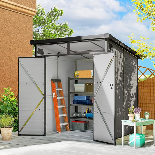 Outsunny Casetta da Giardino in Plastica Porta Attrezzi con Finestre, Prese d'Aria e Blocco, 1.9x1.9 m, Grigio Chiaro