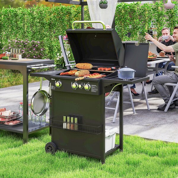 Outsunny Barbecue a Gas con Bruciatori Indipendenti, Coperchio con Termometro e Tavolino Laterale, Nero