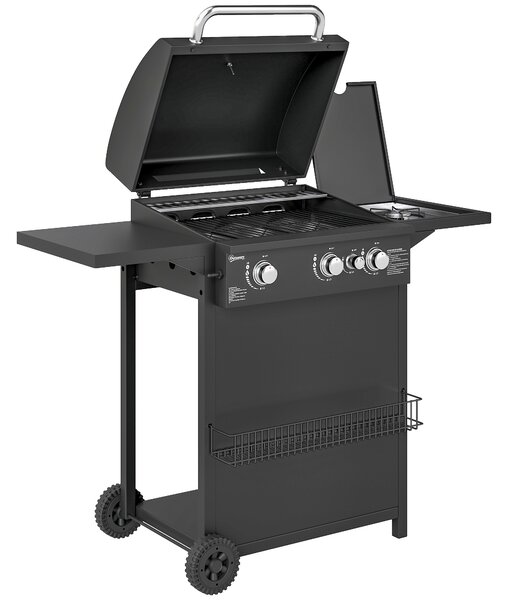 Outsunny Barbecue a Gas con Bruciatori Indipendenti, Coperchio con Termometro e Tavolino Laterale, Nero