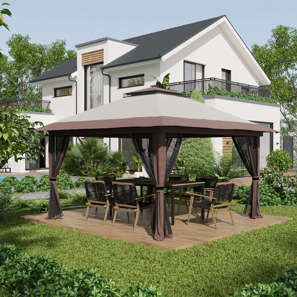 Outsunny Gazebo Pieghevole Pop Up 4x4 m ad Altezza Regolabile a 3 Livelli, Gazebo Esterno con Zanzariera, Sacchi di Sabbia, Borsa da Trasporto, UV50+, per Giardino Campeggio Feste, Beige | Aosom Italy