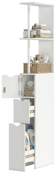 HOMCOM Mobile Colonna Bagno Salvaspazio con Armadietto, Ripiani e Cassetti, 15x33x136.8 cm, Bianco | Aosom Italy