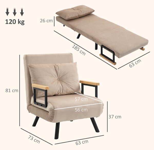 HOMCOM Poltrona Letto Singolo in Tessuto Effetto Velluto Reclinabile in 5 Posizioni con Cuscino Sfoderabile, 63x73x81cm Beige | Aosom Italy