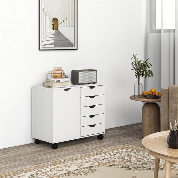 HOMCOM Mobile Laterale con 5 Cassetti, Armadietto con Ripiano Regolabile, Mobiletto da Ufficio su Ruote, Supporto per Stampante per Ufficio Domestico, Bianco | Aosom Italy