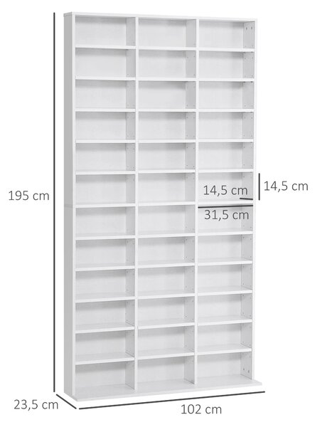 HOMCOM Libreria Porta CD in Legno con 3 Colonne da 12 Ripiani ad Altezza Regolabile, 102x23.5x195 cm, Bianco | Aosom Italy