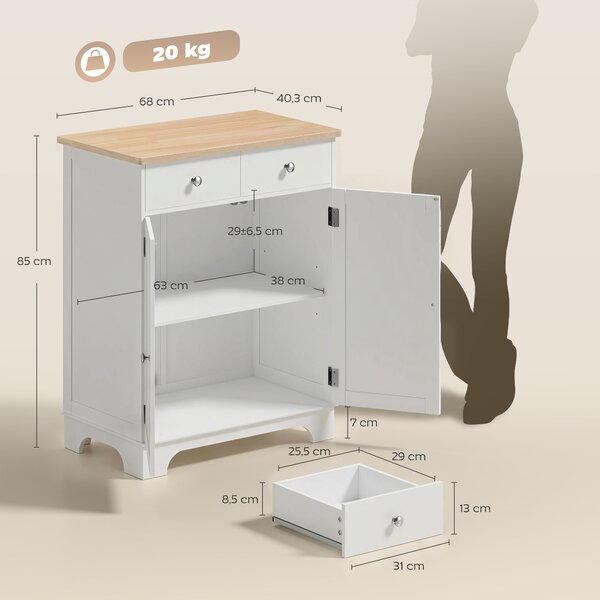 HOMCOM Credenza Bassa con Armadietto 2 Ante, Ripiani Regolabili e 2 Cassetti, Bianco e Legno | Aosom Italy
